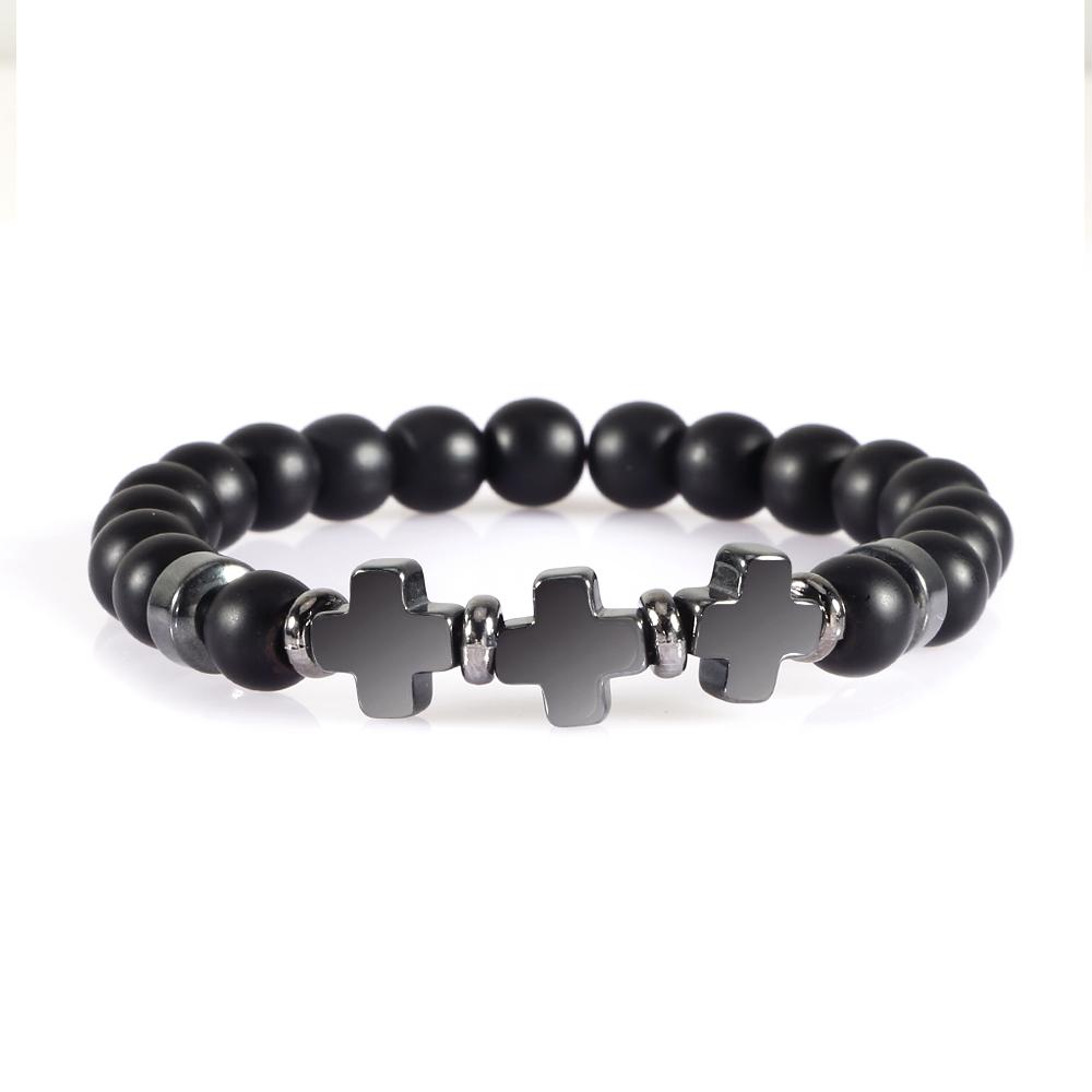 Prayer Men Women Bracelet Hematite Cross Rosary Natural Stone Beads Jesus Onyx Meditation Bracelets Bangles Jewelry Gift Pulsera