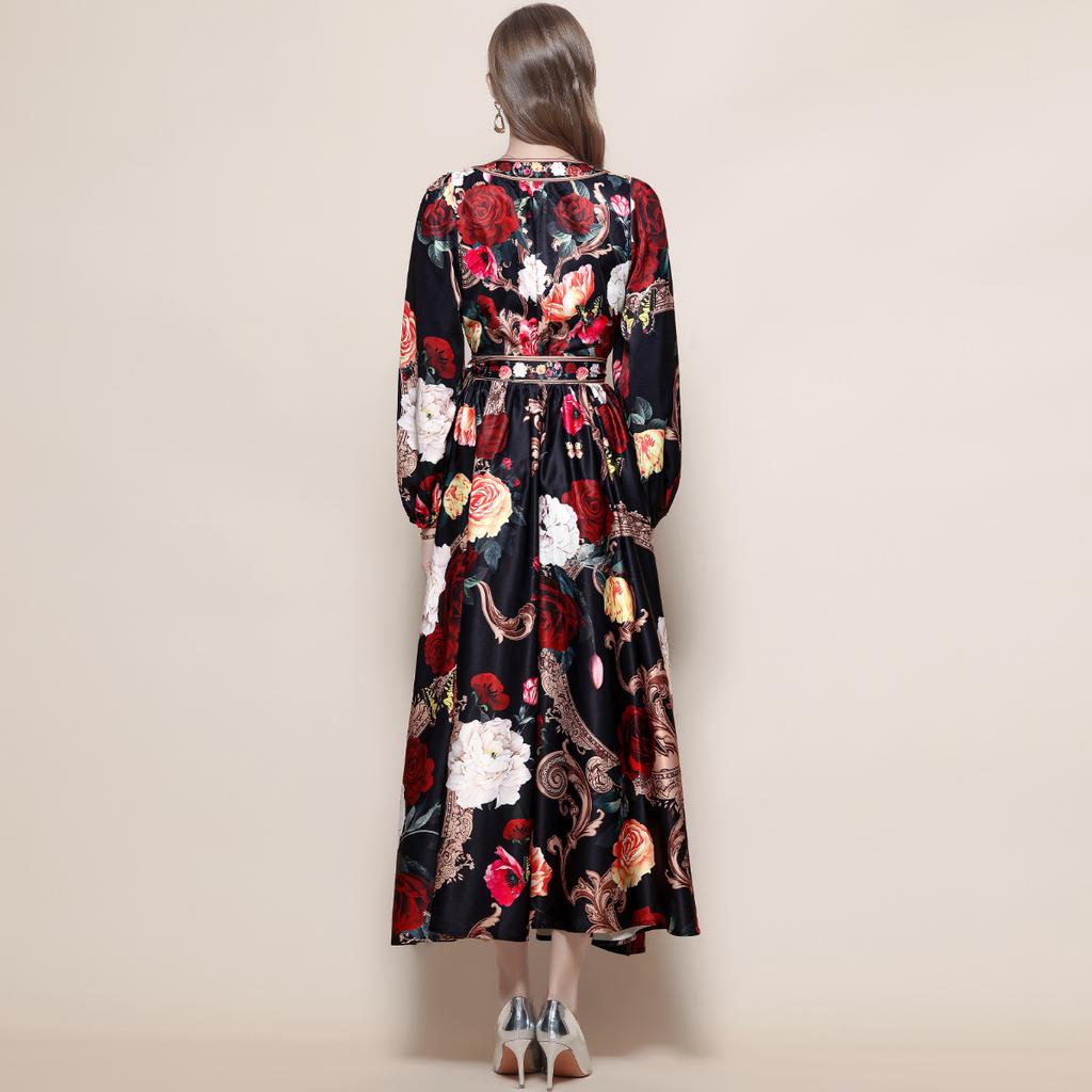 Bohemian Floral Printed Long Dress for Women Fashion V-neck Long Sleeve Oversized Maxi Dress Lady 2026 Chic Vacation Dress Robes
