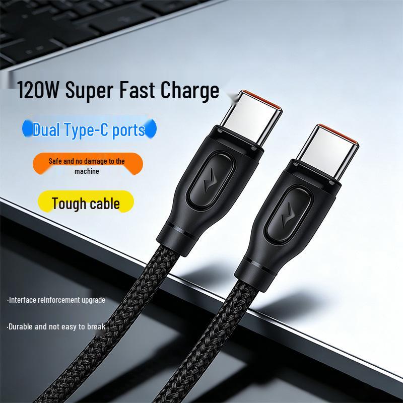 120W Dual Type-C Fast Charging Cable Compatible with Apple, Huawei, Vivo Phones, 10A
