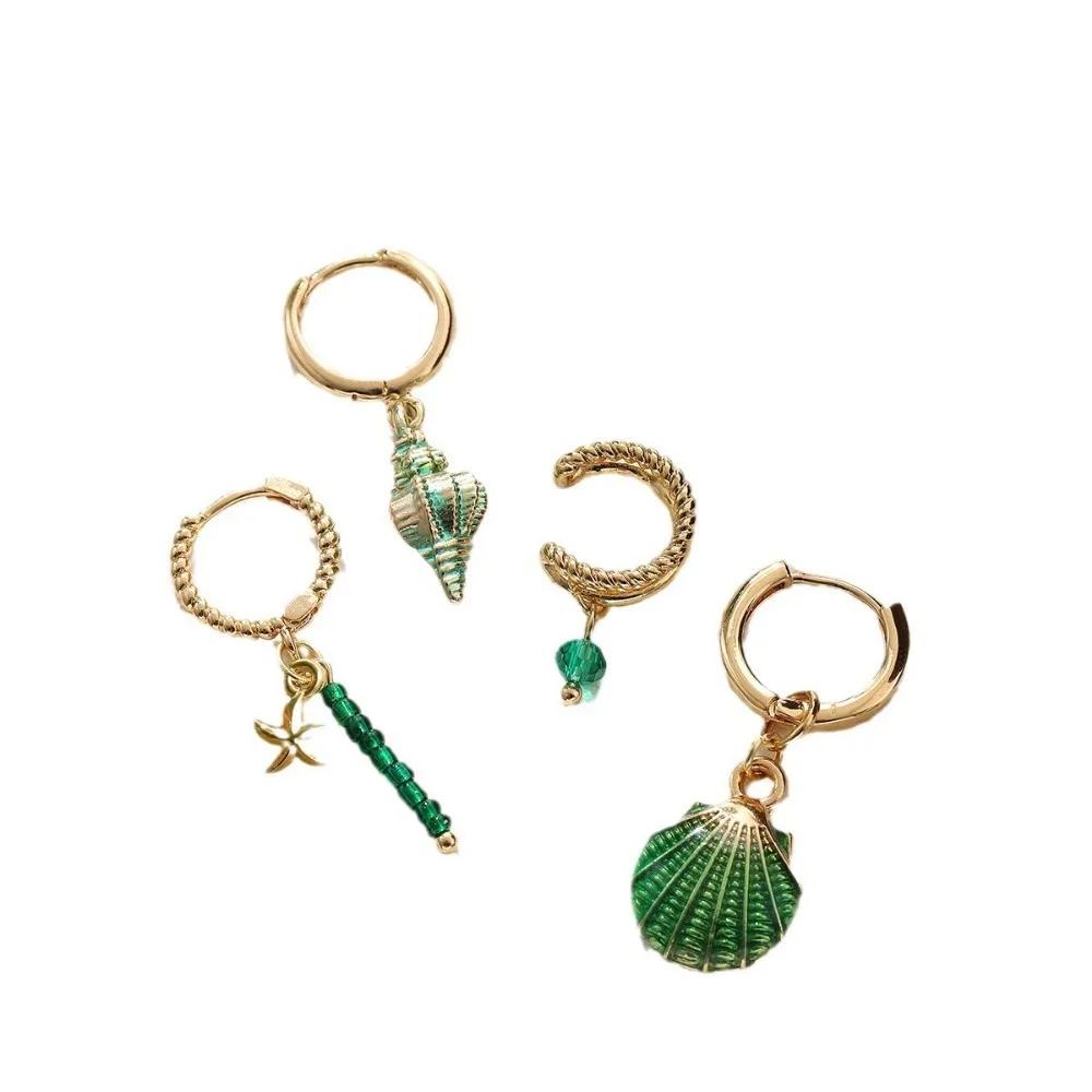 4PCS  Bohemian Ocean Style Starfish Pendant Beaded Ear Bone Clip Girls Shell Conch Earrings Set For Women