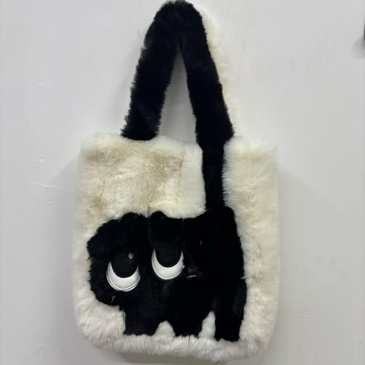 

Женская креативная плюшевая сумка-тоут с мультяшным котом - Большая вместимость, цветовой блок и вышивка