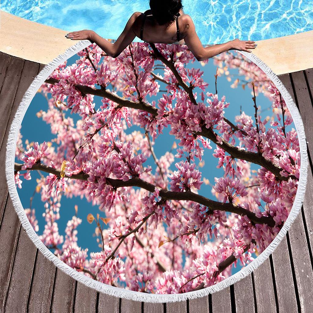 Cherry Blossom Round Beach Towel,Cherry Blossom Tree In The Sun Sand Anti-Sand Beach Blanket Absorbent Quick Dry Soft Pool Towel