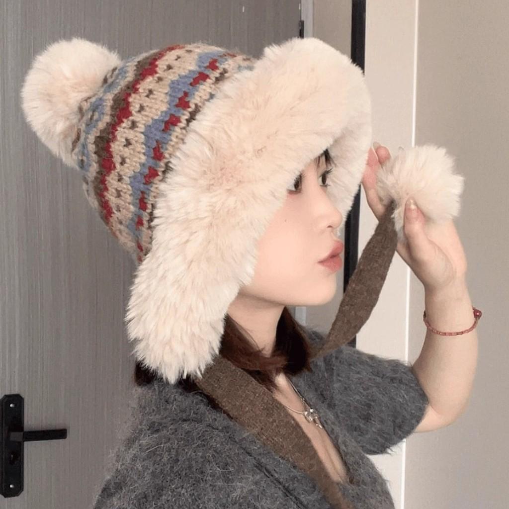 Traditional Style Knitted Hat For Women With Ear Protection And Neck Guard For Winter Cold Weather
