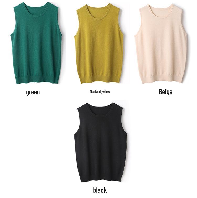 2025 Women's Fine Merino Wool Round Neck Sleeveless Knitted Vest – Solid Color, Loose Fit, Versatile Base Layer for Early Autumn