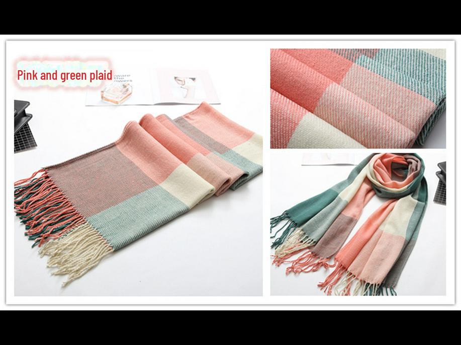 Kockovaný zimný šál pre ženy – strapcový šál v kórejskom štýle z imitácie kašmíru