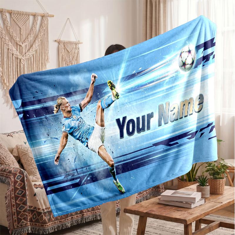 Erling Haaland Personalisierte Fleecedecke Mit Fußballlogo, Individueller Name Text Weich Warm Wohnzimmer Überwurfdecke