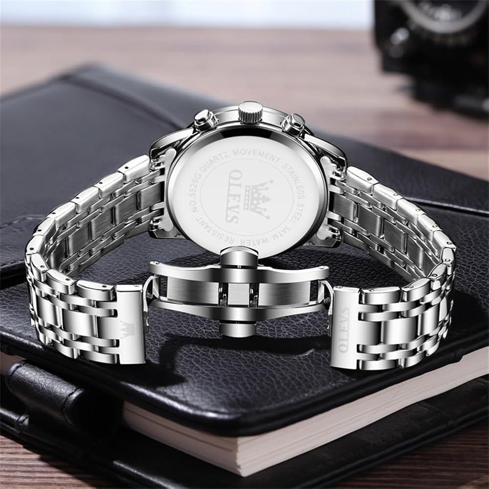 OLEVS Men's Quartz Watch Waterproof Date Luminous Classic Stainless Steel Band Fashion Business White