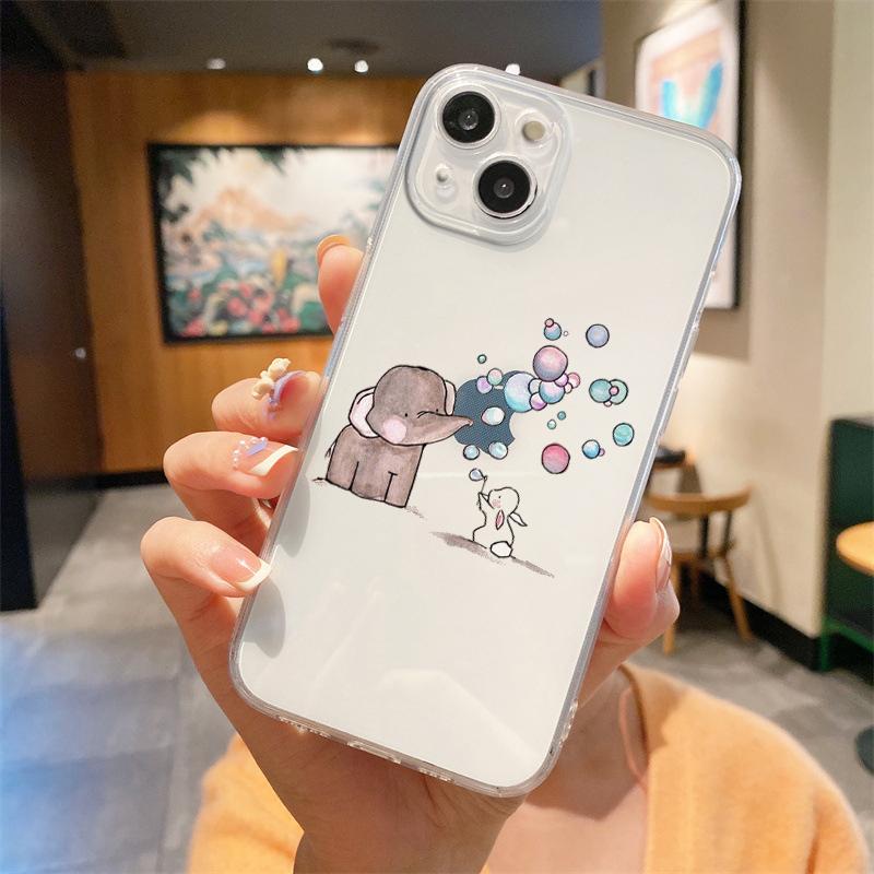 For iPhone 15 16 14 13 12 mini 11 Pro Max XS X XR SE 7 8 Plus Silicone Clear Cover Couple Style Cartoon Luxury Phone Case