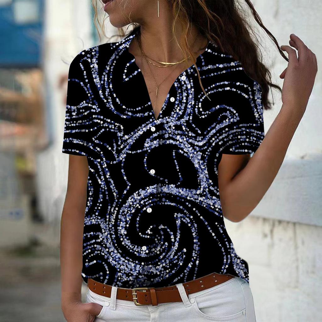 2025 Summer New Fashion Women's Line Printed Short Sleeve V-neck Casual Button-down Shirt Top