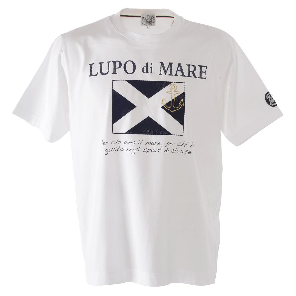 Sinacova Men's Short Sleeve T-Shirt, 100% Cotton, Mercerized High-Gauge Flock Print, Anchor Embroidery, Size L (24110570) (White)