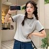 WTEMPO Branded Summer Women's Fashion Trend Clashing Trim Embroidered Short Sleeve T-shirt with Design Niche Round Neck Elasticated Tops