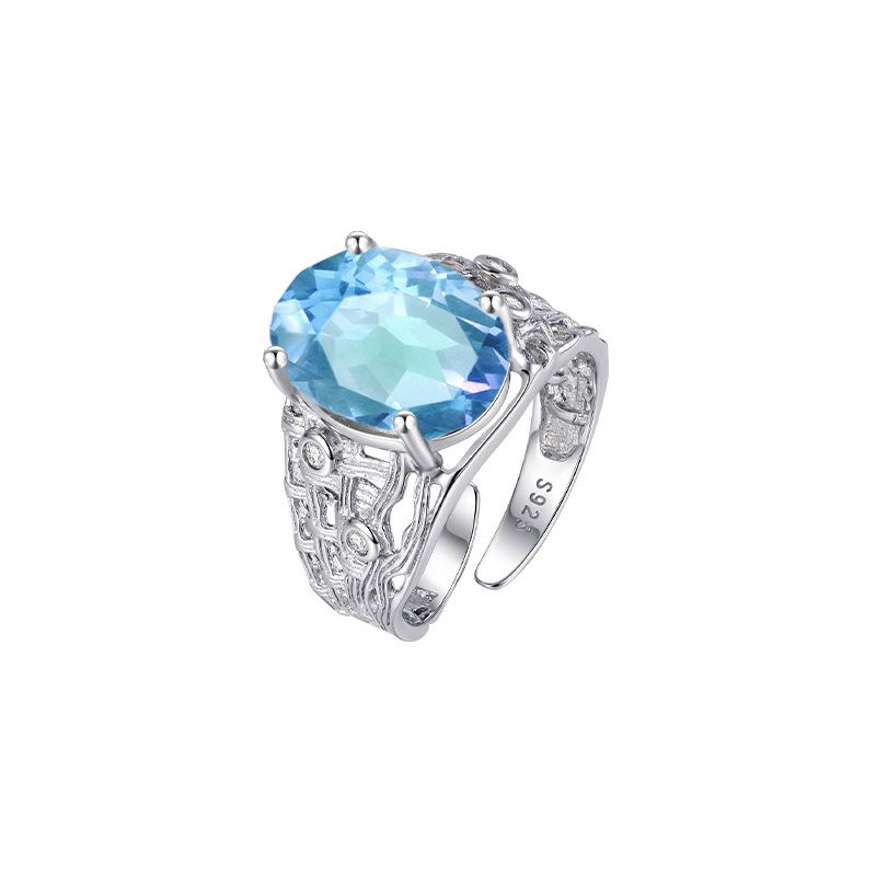 S925 sterling silver ring women's inlaid natural crystal stone topaz retro court style light luxury adjustable hand jewelry