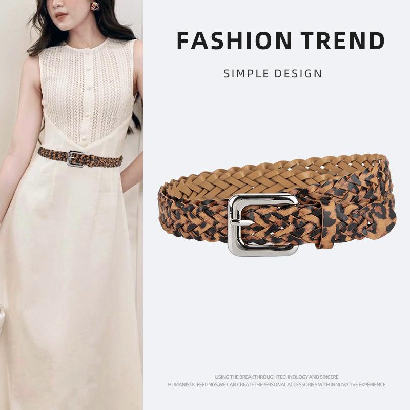 Personalized Leopard Skin Braided Belt for Girls with Pin Buckle Without Hole Punching and Jeans Belt Fashionable Belt for Women