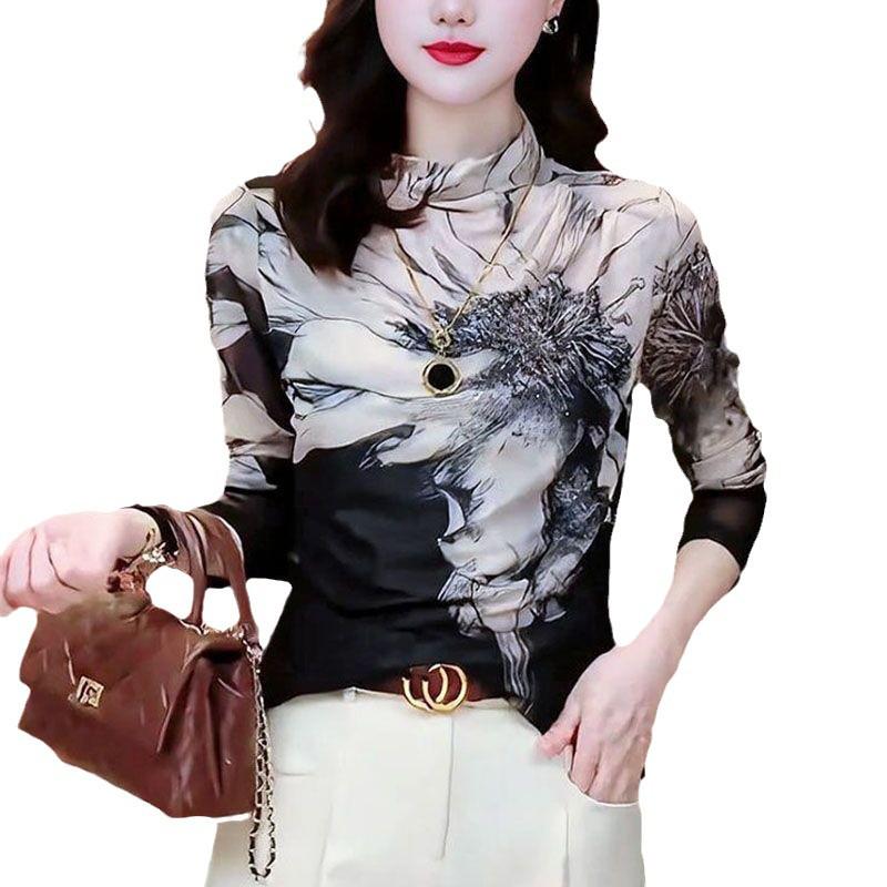 2024 Autumn/Winter Slim Fit Mesh Printed Long-Sleeve T-Shirt for Women