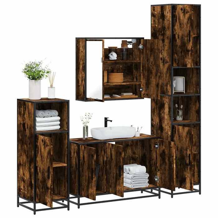 VidaXL 4-piece Bathroom Furniture Set Smoked Oak Engineered Wood, Bathroom Cabinet, Storage Cabinet of 3301192