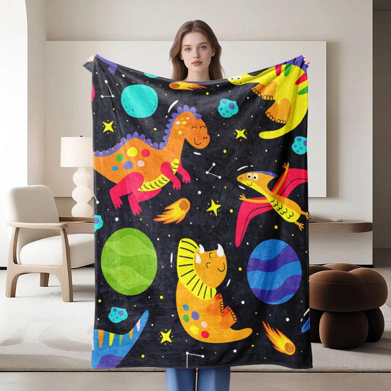 1 Piece Dinosaur Space Theme Flannel Blanket, Perfect for Sofa, Bed, Office. Ideal Gift for Family, Friends, and Holidays.
