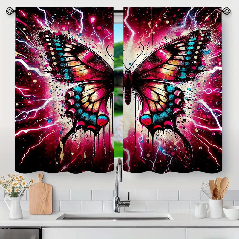 2PC Butterfly Curtain Set, Vivid Color Wings with  Effect On Dark Background, Mystical Drapes for Living Room & Bedroom Decor