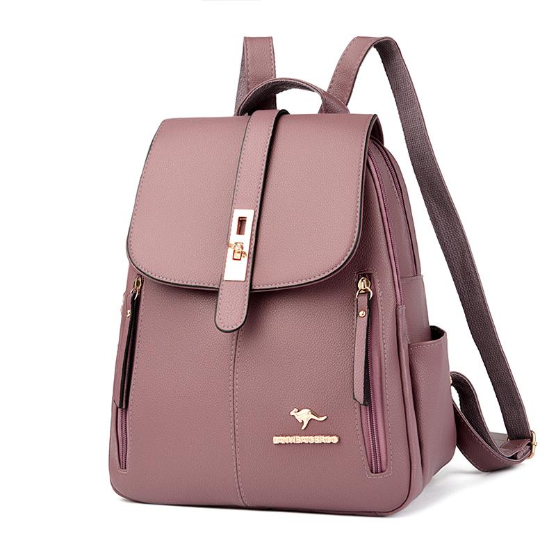 

2024 Новый уличный тренд женский багаж кожаные изделия однотонный рюкзак кожаный женский рюкзак с прошивкой розовый