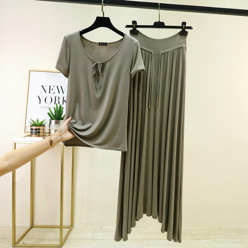 Damen Sommer Modal Schlafanzug Sets Übergröße M bis 6XL Krawattenhals Kurzarm T-Shirt und Kordelzug Hoher Bund Langer Rock Lässige Mode 2-teiliges Set