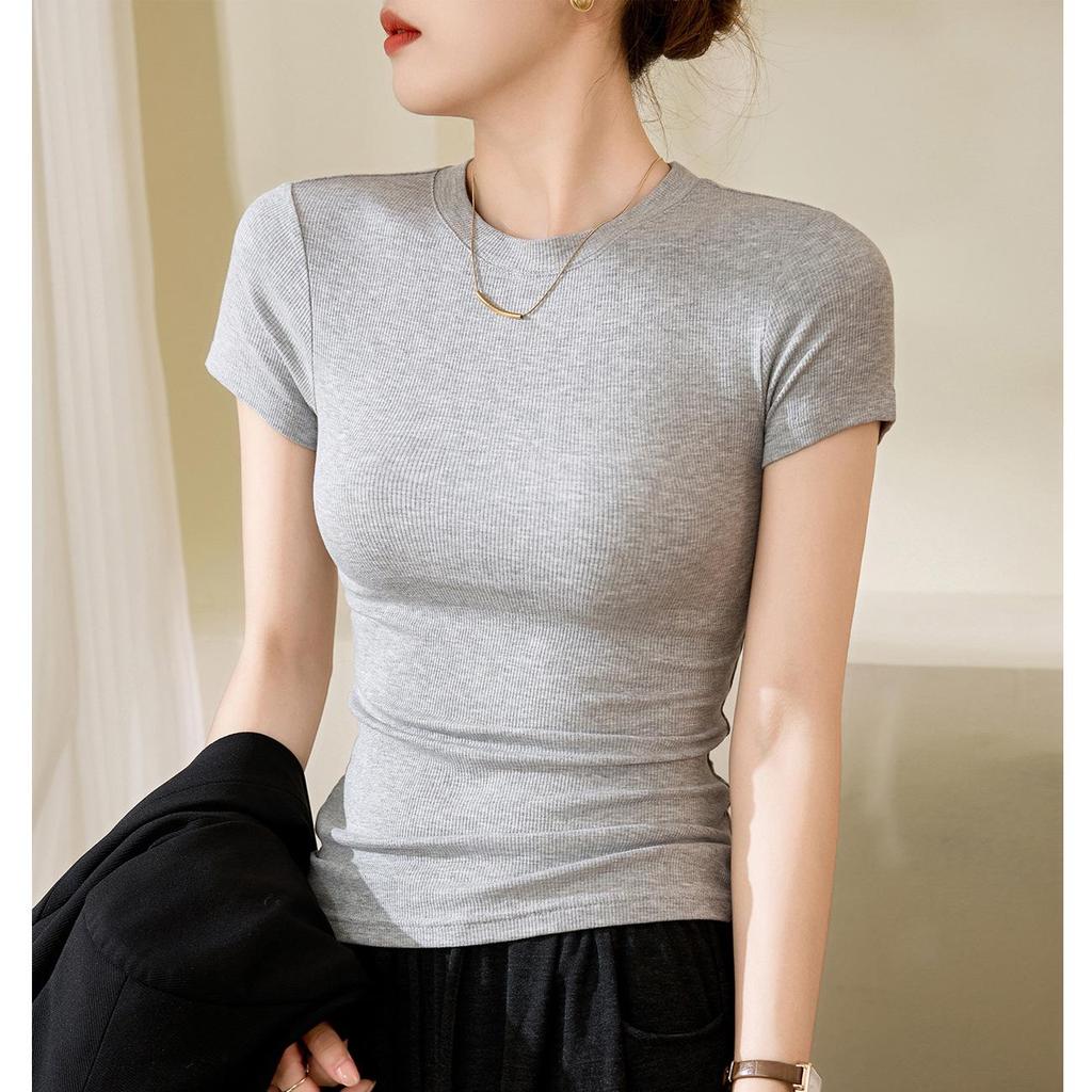 260g Women's Ribbed Cotton T-Shirt, Summer Short Sleeve, 2026 New Style, Solid Color, Plus Size, Versatile and Trendy.