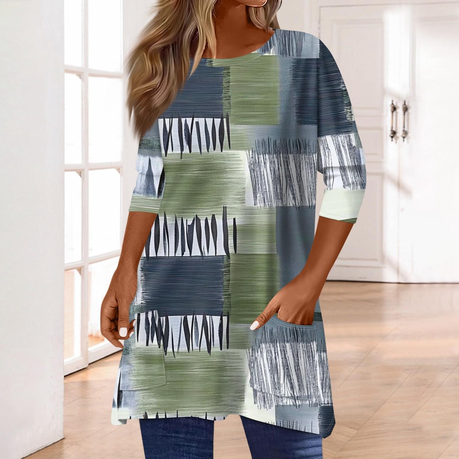 

3/4 рукава кармана топы для женщин футболка повседневный принт средней длины топы футболка круглый вырез пуловер блузка L армия зеленый