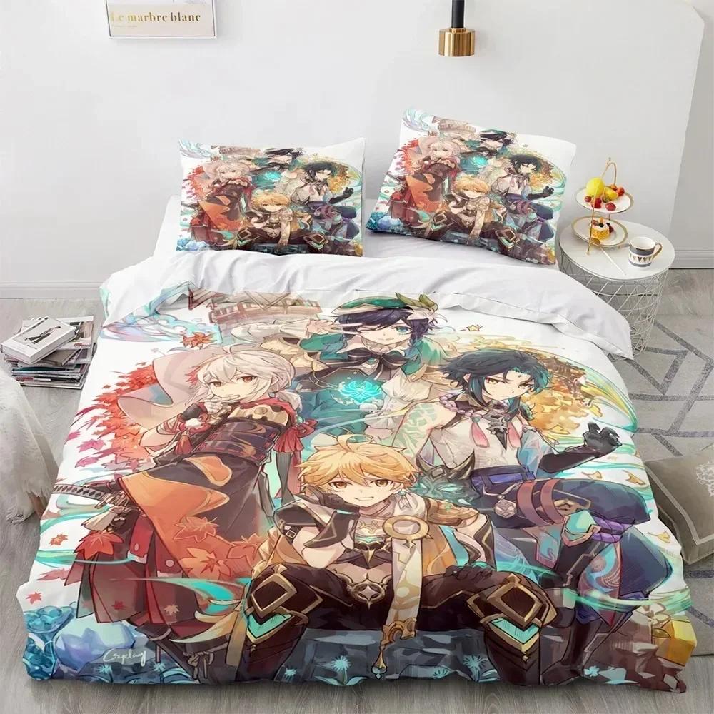 3D Print Anime Game Genshin Impact Bedding Set Printed Bed Set With Pillowcase Duvet Cover Soft Queen King Size Bedclothes Home