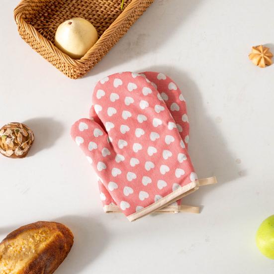 Thickened Cotton Oven Mitts with Heart Print Heat-Resistant Baking Gloves for Microwave Grill & Cooking Non-Slip Breathable Kitchen Essential