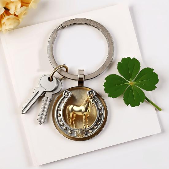 Yousheng Retro Horse Keychain Horseshoe And Horse Pendant with Keyring Golden Horse Lucky Keychain Gift for Men Women Horse Lovers