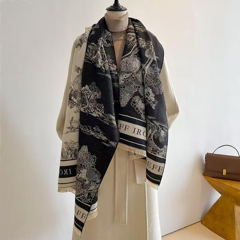 Jacquard Landscape Painting Imitation Cashmere Scarf Women'S Office Air-Conditioned Room Thickened Warm Long Trendy Shawl