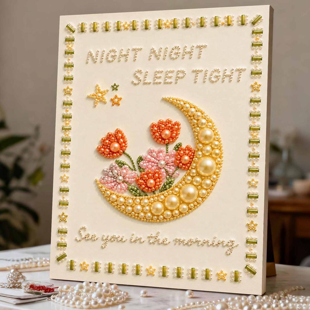 Unique 5D Framed Pearl Painting Kit with Moon Flower Star Lettering Sparkling Bead Art Canvas DIY Handmade Craft for Living Room Decor