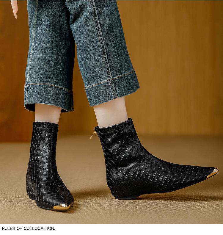 Women's Retro Pointed Toe Ankle Boots - Woven, Slimming Design & Inner Lift for 2025 Autumn/Winter Collection.