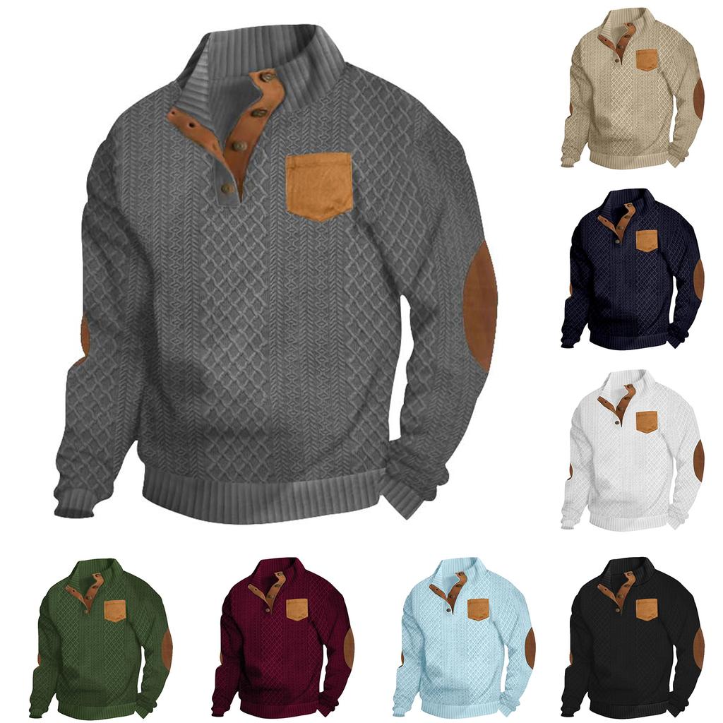 Mens Block Striped Corduroy Sweatshirt Outdoor Long Sleeve Stand Collar Jacket Sweaters Button Quarter Sweater Top
