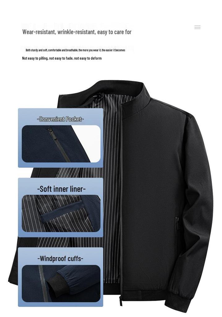 Men's Slim Fit Windproof Jacket - American Business Casual, Stand Collar, Plus Velvet, Warm & Wear-Resistant.