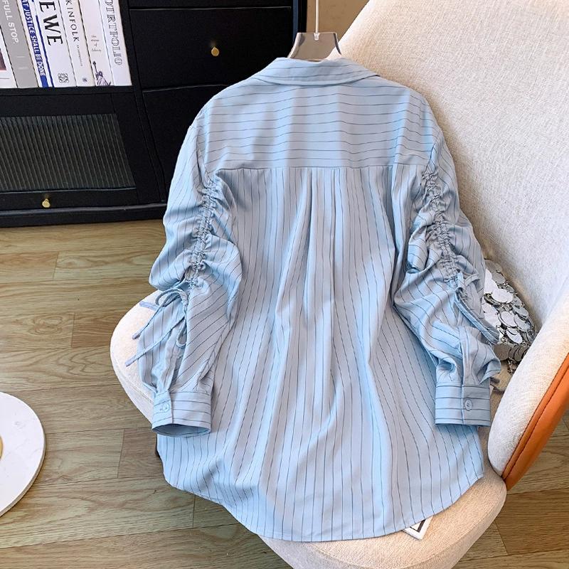 Large Spring Irregular Striped Drawstring Shirt with A Niche and Lazy Design, Loose and Beautiful Long Sleeved Shirt