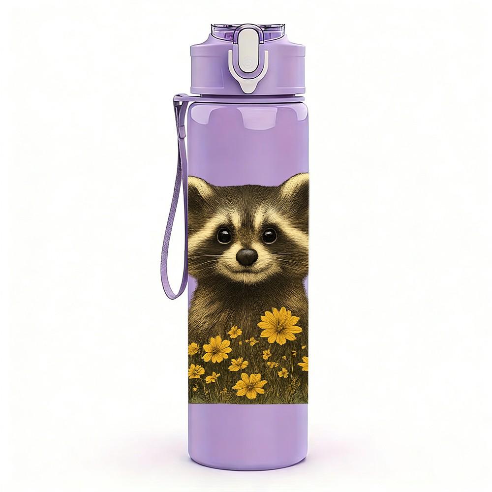 1PC Floral Sunflower Raccoon 750ml Color Plastic Sports Water Bottle Leakproof Flip Straw Lid Suitable for Sports Office Home Use