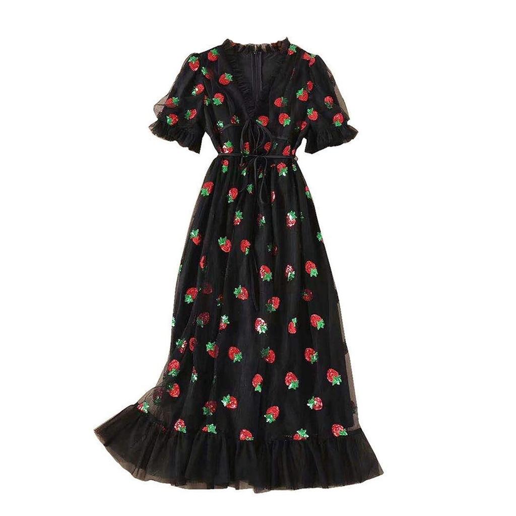 Abito da donna Abito con piega allacciata in rete con gonna lunga con paillettes bicolore francese fragola