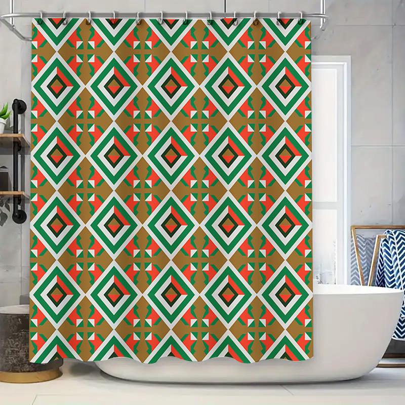 

Colorful Geometric Shower Curtain Bath Decor For Home Bathroom Waterproof Fabric With Rod Pocket Red Green Printed Design (Green W60H190(CM)-1 Pcs