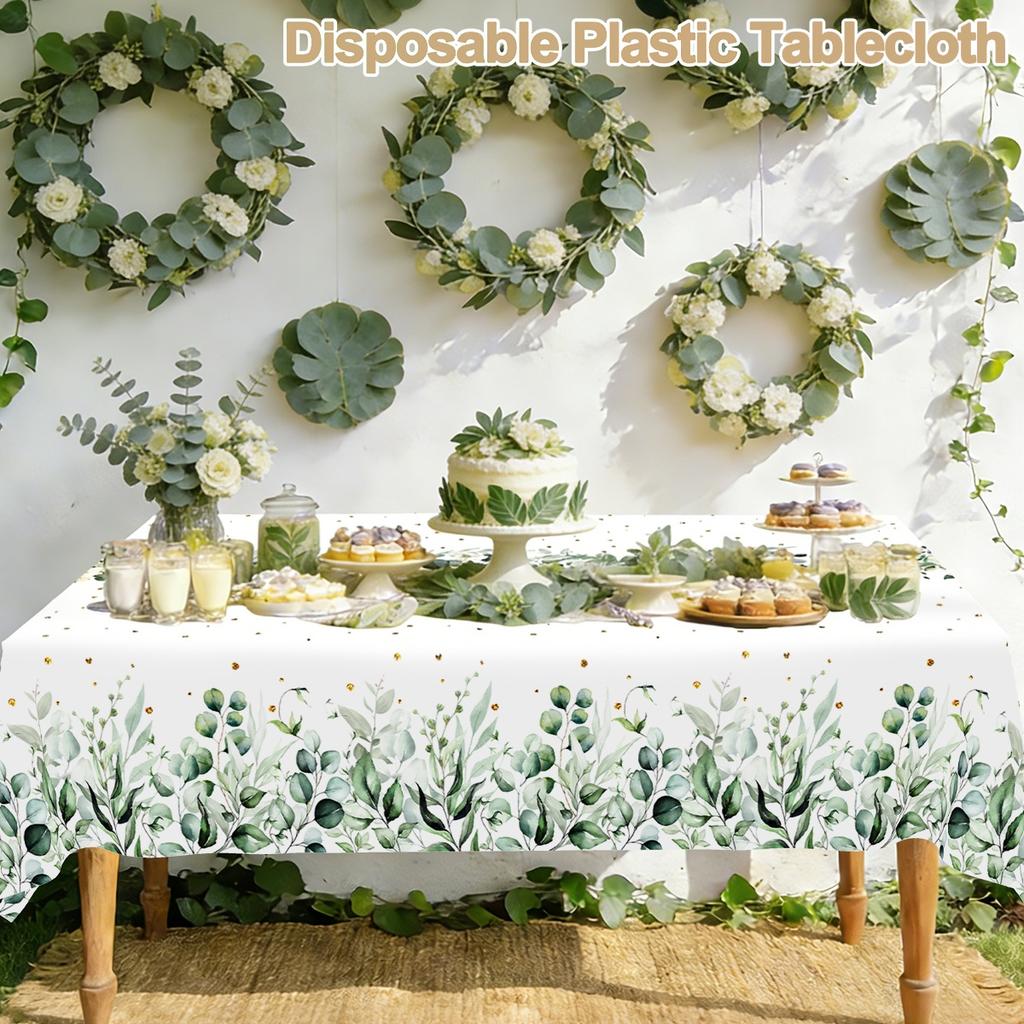 183x137cm Eucalyptus Leaves Disposable Tablecloth Sage Green Plastic Table Cover for Summer Spring Birthday Party Table Decor