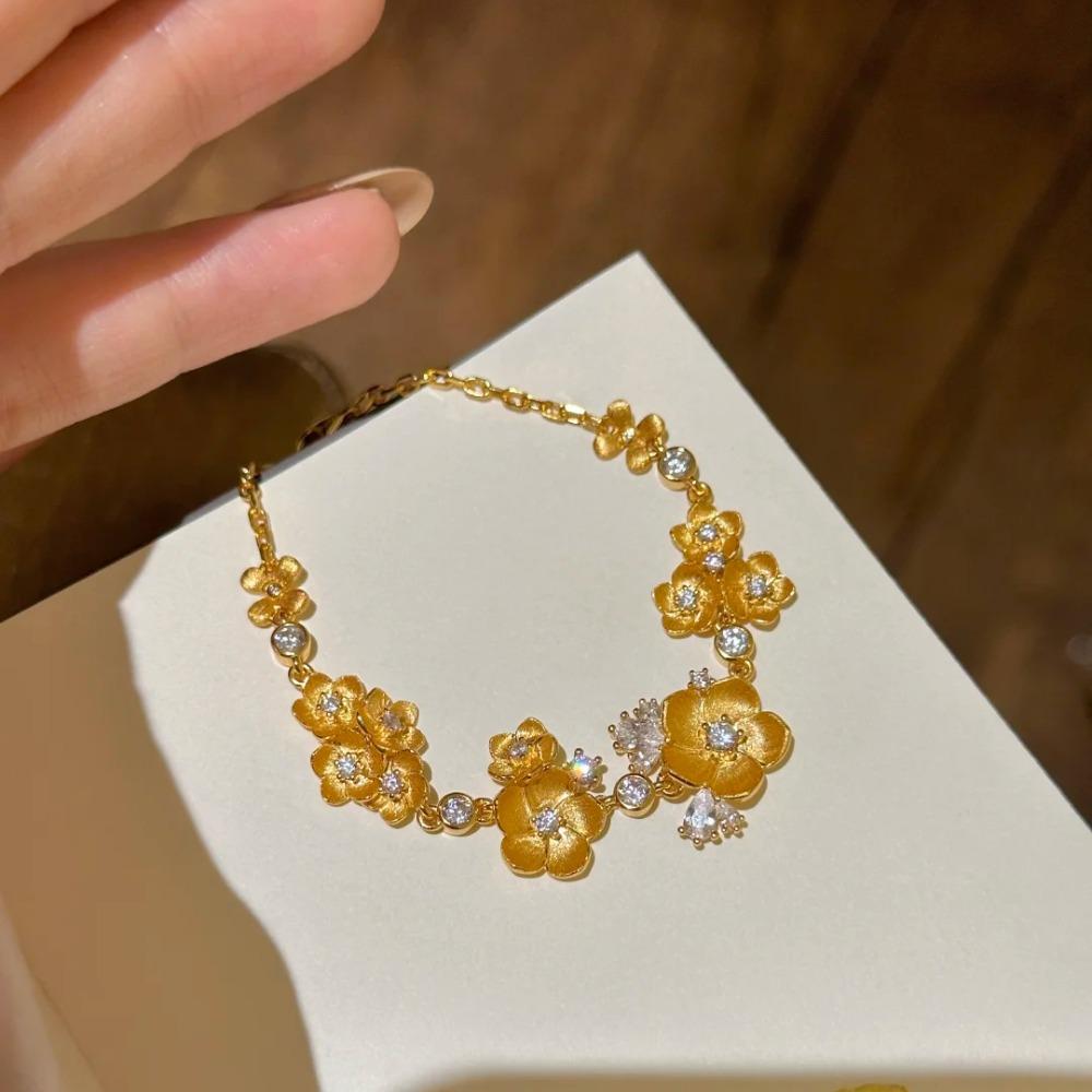 Vintage Gold Bracelet with Sparkling Begonia Flower Rhinestones Exquisite New Chinese Style Jewelry for Women
