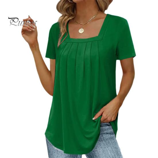 Summer Casual T-shirt Square Collar Short Sleeve Pleated Tee Shirt Solid Color Loose Fit A-Line Home Date Office Tops