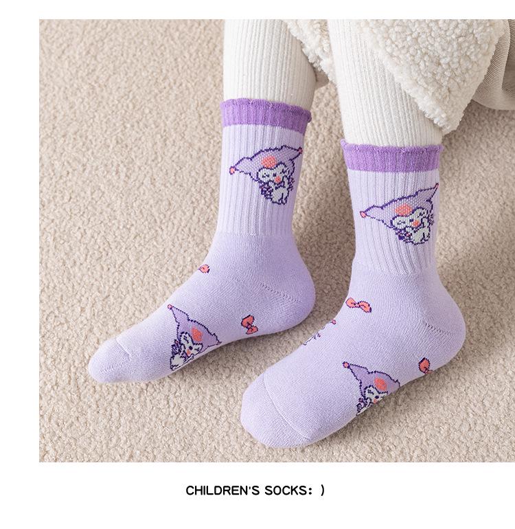 Kuromi Girls' Thick Winter Cotton Socks - Plus Velvet, Warm Terry for Autumn & Winter