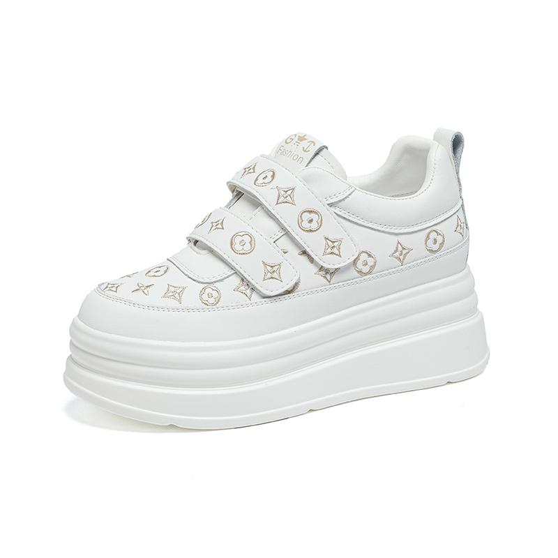 Damenschuhe mit dicker Sohle, Weiß, Innenhöhe erhöhend, Lederstickerei, Neu, Sportlich und lässig, Vielseitig und leicht, Damenschuhe mit Klettverschluss