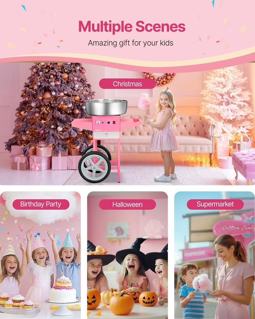 Commercial Cotton Candy Machine with Cart Sugar Floss Maker 1000W Party