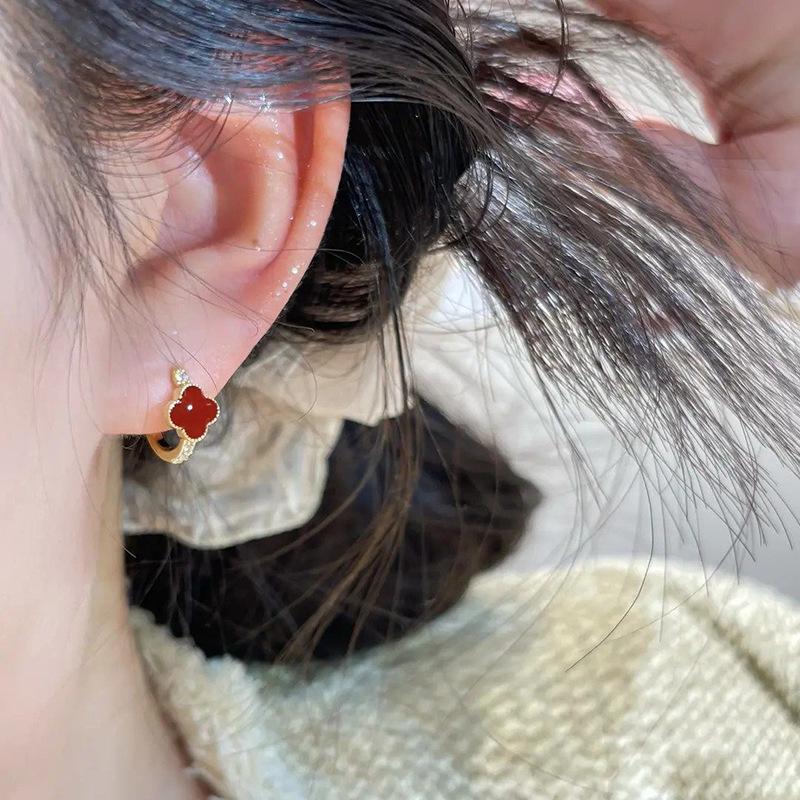 14k Gold-Plated Zircon Flower Earrings: Elegant Red Gemstone French Buckle Jewelry for Women