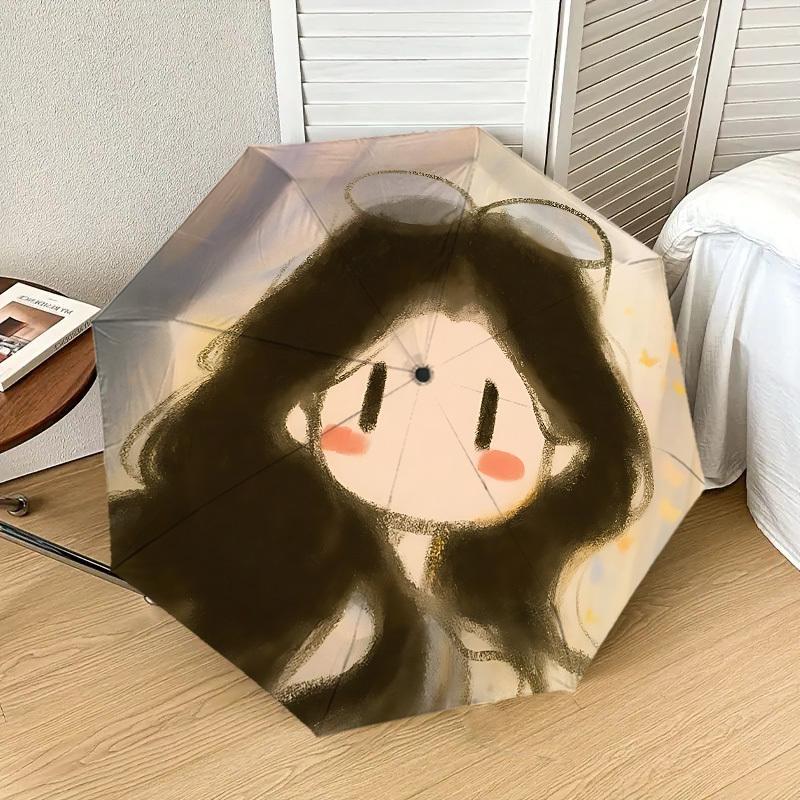 Charming Cartoon Girl with Bowknot - Umbrella Design for Outdoor Adventures, Auto-Opening Protection, Lightweight and Durable Travel Accessory 184