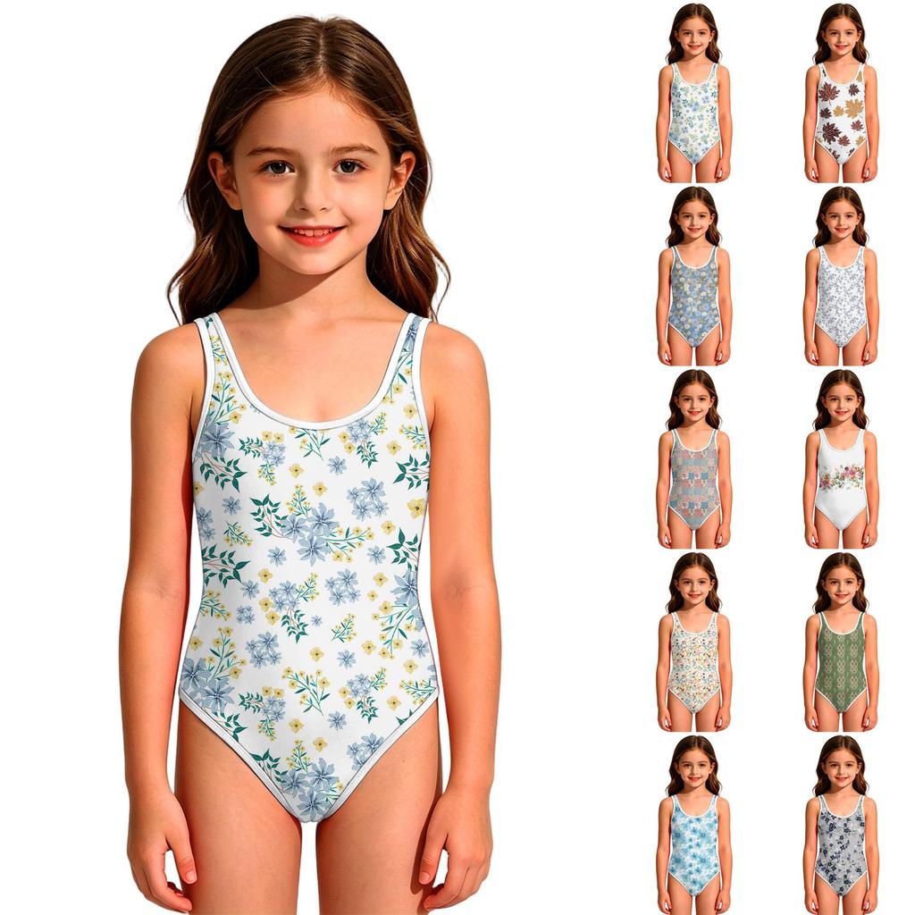 Girls Floral Print One Piece Swimsuit Sleeveless Round Neck Kids Swimwear Suitable for Beach Pool Water Activities