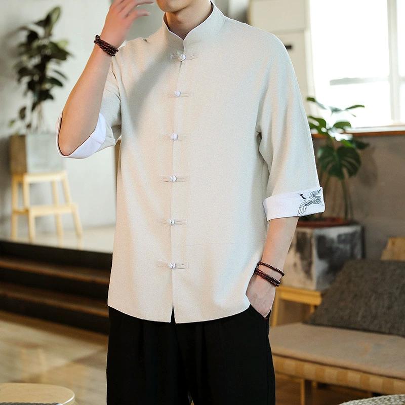 Summer Men's Short Sleeved T-shirt with Chinese Style, Youth Embroidery, Retro Color Blocking, Plate Buckle, Stand Up Collar, Tang Suit