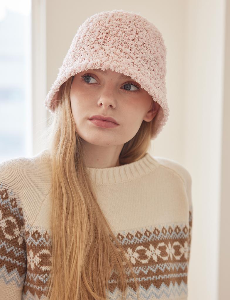 Olinkeompeulliteu Popcorn Knit Bucket Hat (Pale Pink)