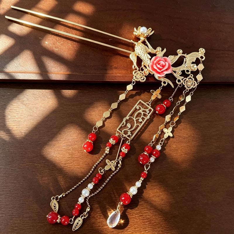 Ancient-style Golden Carp Flower U-shaped Hairpin, Women s Hairpin, Xiuhe Headpiece, Hair Accessory, Headdress, Cascading Hairpin F0672