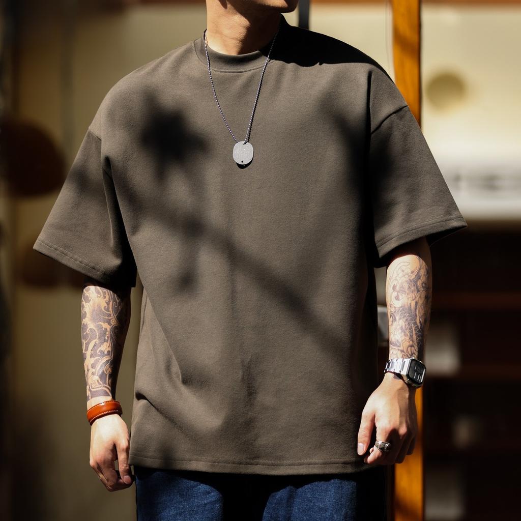 Heavy Small Neckline Short-sleeved T-shirt Men's Loose Summer Casual Solid Color Anti-wrinkle Large Size T-shirt